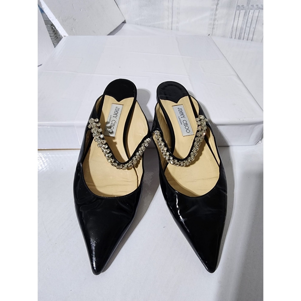 Jimmy Choo Patent Leather Flat Mules With Crystal Strap Black Size 39